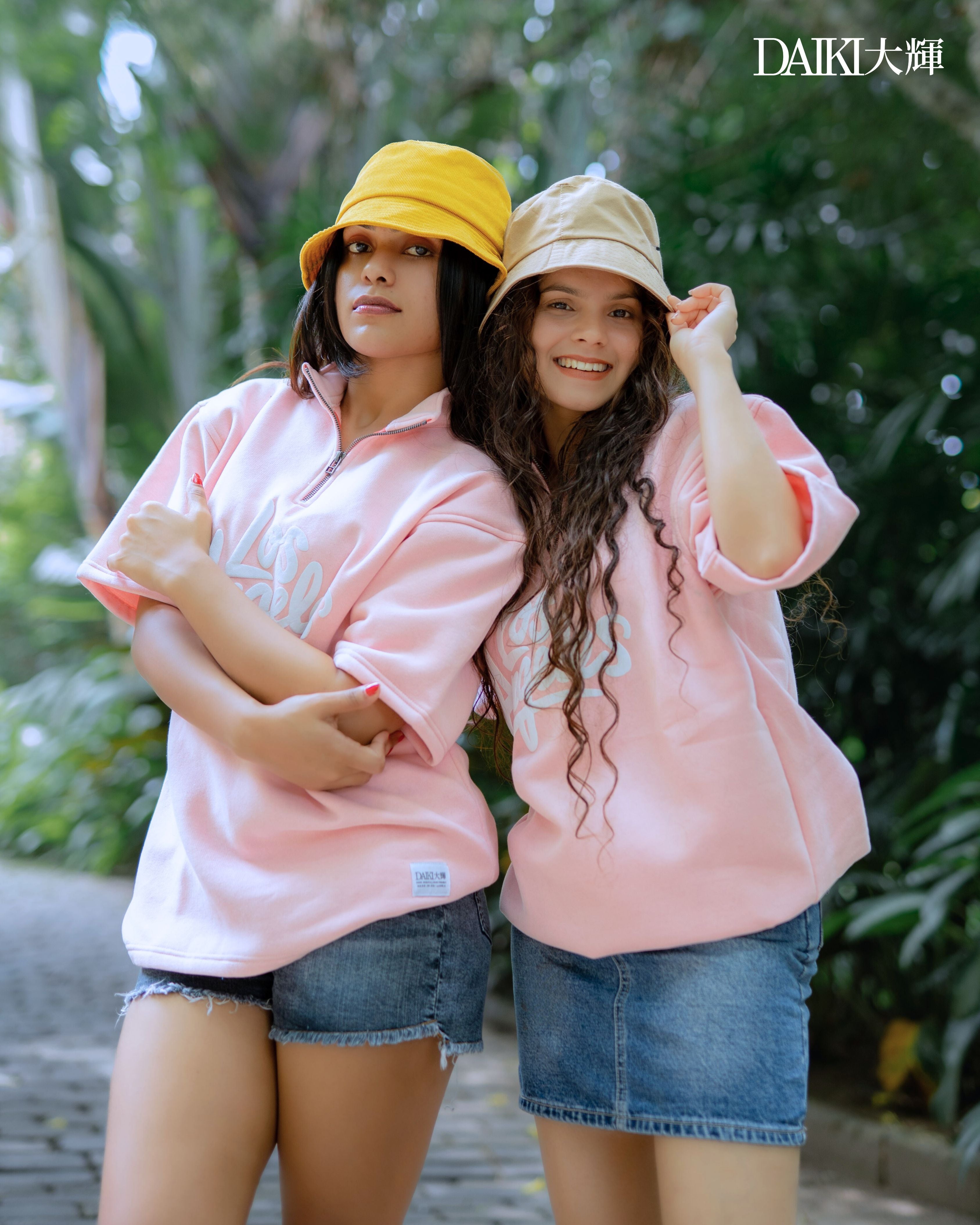 Los Angeles printed  Half Zip Turtleneck oversize pink t-shirt.