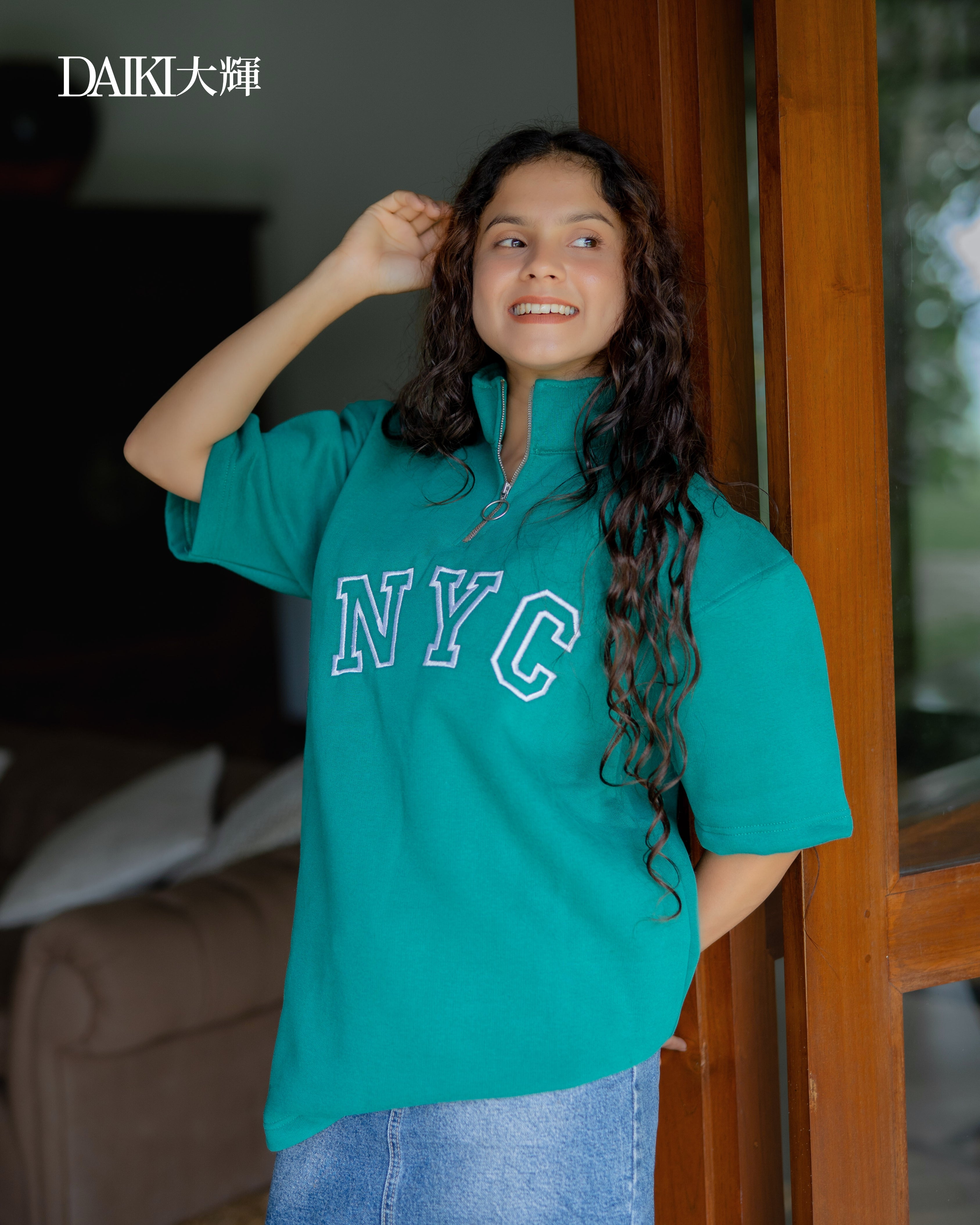 NYC Embroidered Green  Half Zip Turtleneck  Oversize T-shirt