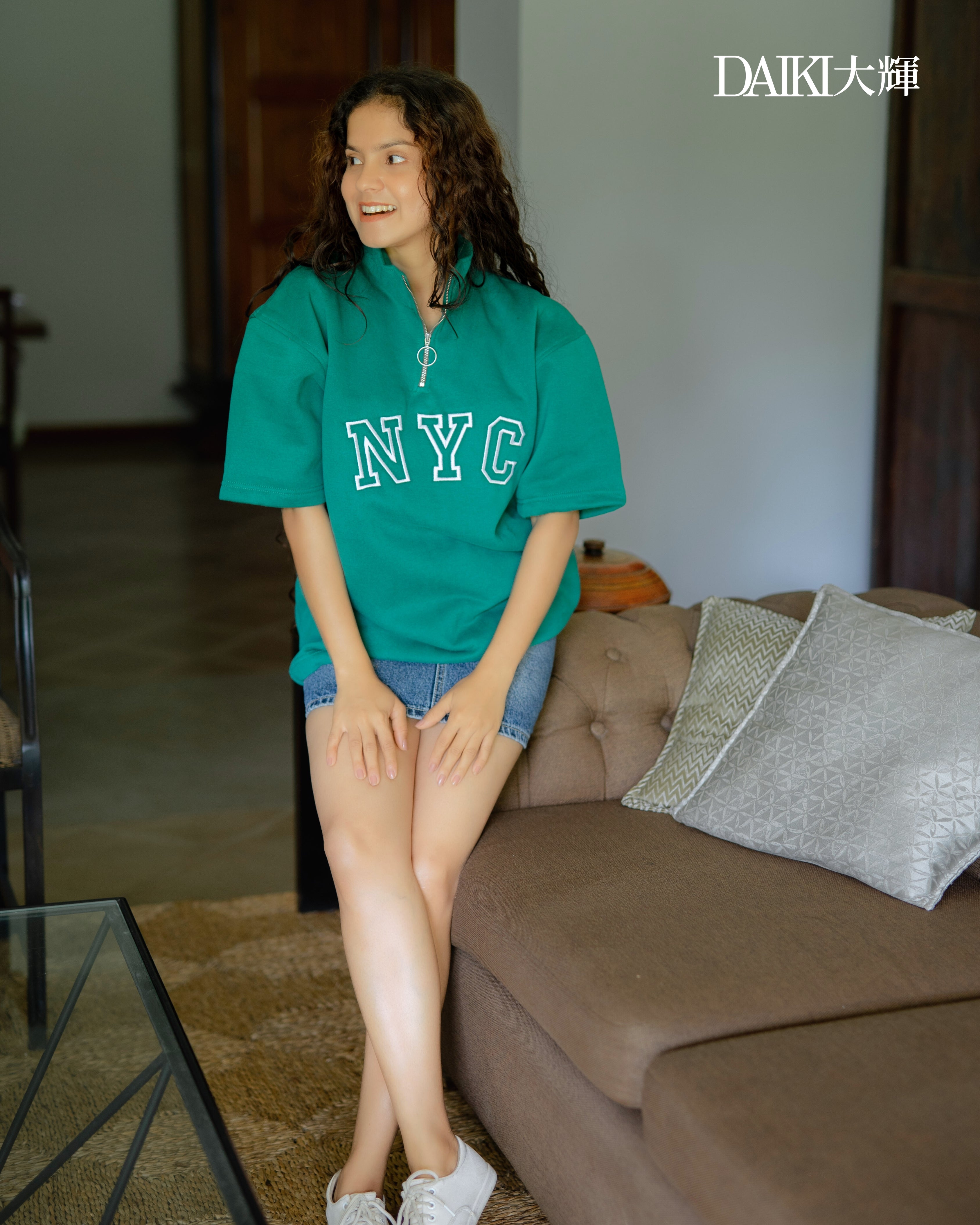 NYC Embroidered Green  Half Zip Turtleneck  Oversize T-shirt