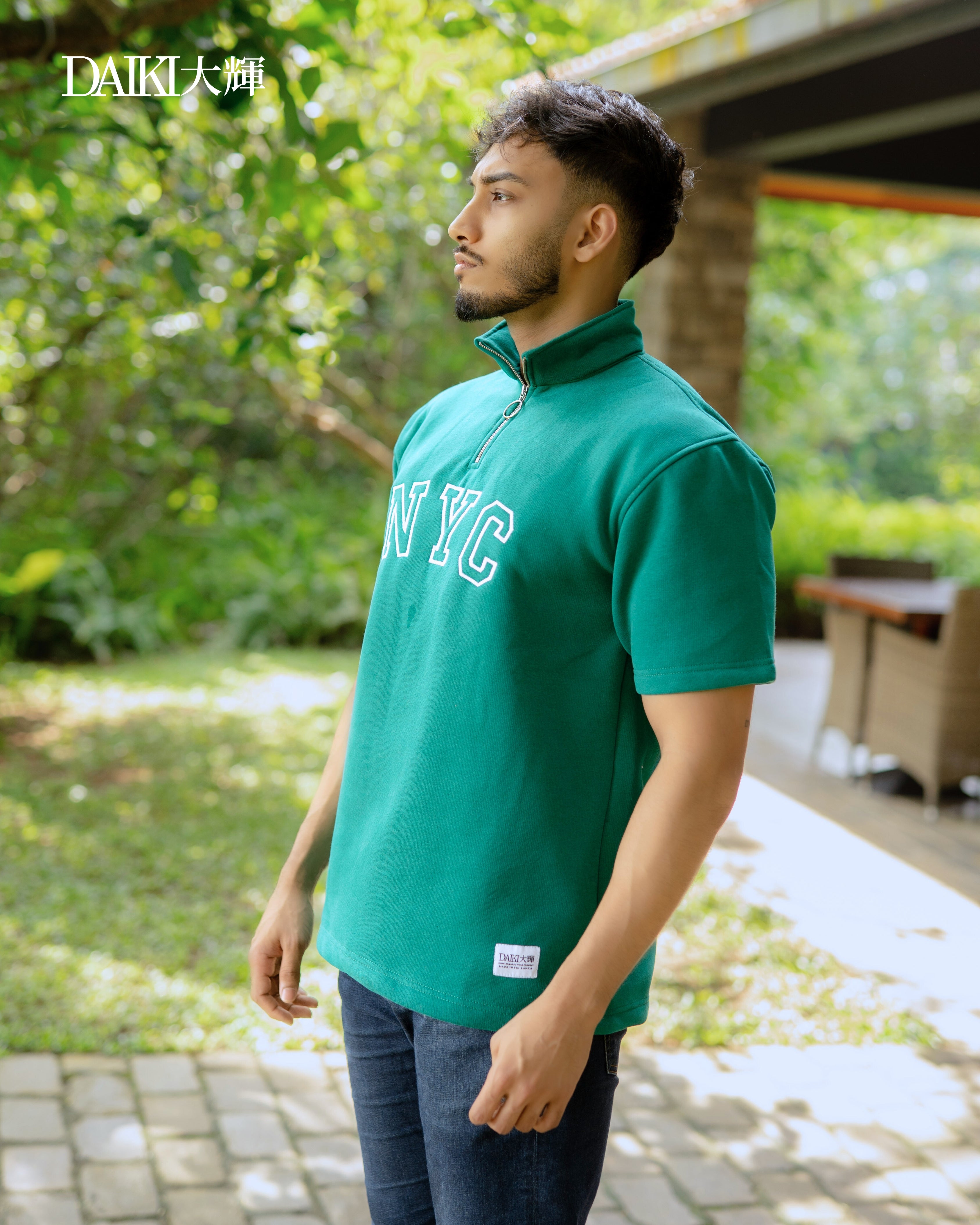 NYC Embroidered Green  Half Zip Turtleneck  Oversize T-shirt