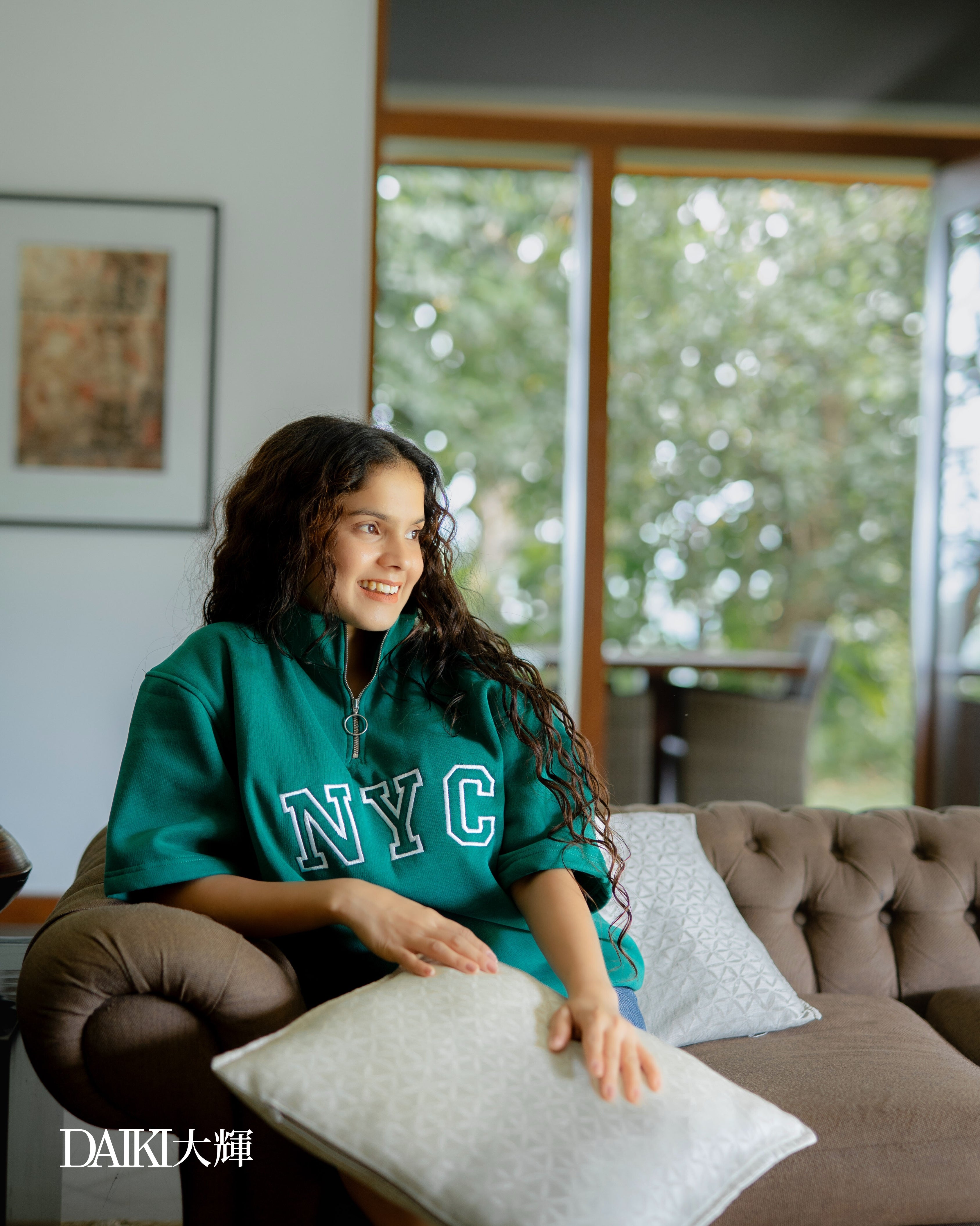 NYC Embroidered Green  Half Zip Turtleneck  Oversize T-shirt